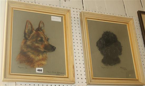 2 drawings by Margorie Cox of Poodle & Corgi & Middle Eastern